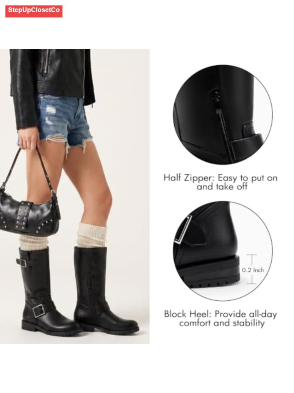 Mid Calf Combat Boots Low Heel Zipper Motorcycle Biker Boots Faux Leather - Picture 4 of 6
